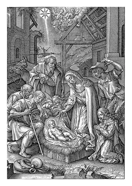 목자와 천사들에 히에로니무스 Hierononus Wierix 1563 1619 마리아는 그리스도의 아이를 — 스톡 사진