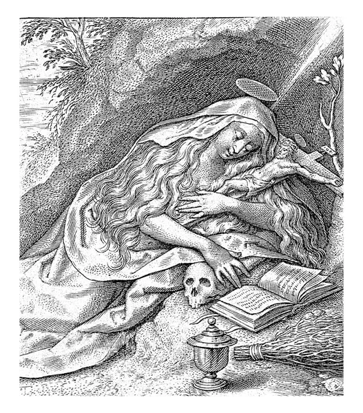 聖マリア マグダレナ ヒエロニムス ウィリックス 1700年 1799年マリア マグダレナは 洞窟の前に十字架を腕に抱えて横たわっています 彼女は聖書を読む — ストック写真