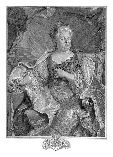 Portrait of Elisabeth Charlotte of the Palatinate, Duchess of Orleans, dressed in a royal cloak, her hand resting on a crown.