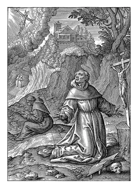 1563年 1619年以前 圣方济各在阿尔韦那山上的十字架前祈祷时 把一个人看作是十字架上的色拉 — 图库照片
