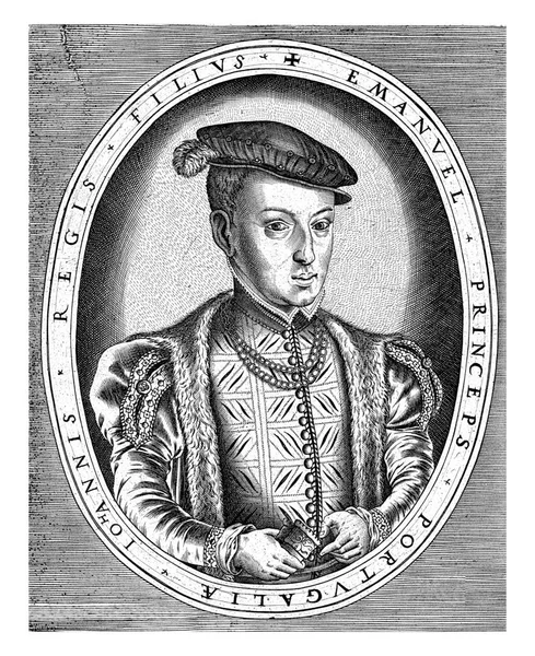 ポルトガルのヨハン マヌエル1世の右側には ラテン語で名前と称号を持つ楕円形の半長の肖像画がある — ストック写真