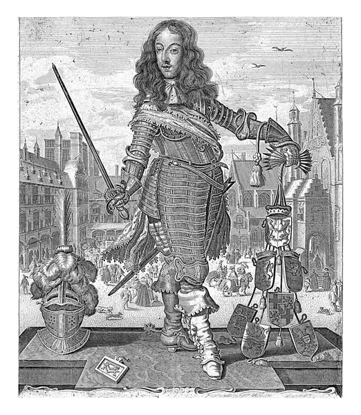威廉三世的画像 全长装甲 站在平台上 右手拿着剑 左手拿着弓箭和绳索 七省的胳膊连在绳子上 — 图库照片