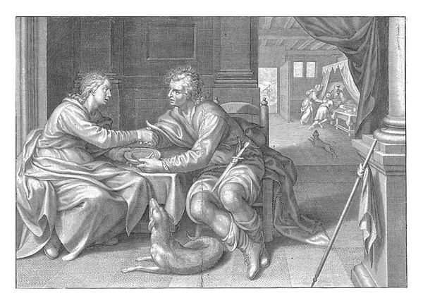 雅各和以扫坐在桌前 为一碗小扁豆握手 在他们脚边躺着一只狗 在右边的远处 有一个人跪在亚伯拉罕的床前 — 图库照片