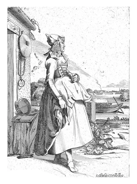 Een Jonge Vrouw Uit Hoorn Gekleed Traditioneel Kostuum Staat Naast — Stockfoto