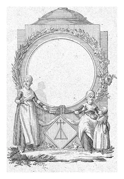 2人の女性と台座の上のメダリオンの近くの女の子とヴィネット メダイヨンは月桂樹の花輪 オークの枝 バラの茂みに囲まれており 碑文に適しています — ストック写真