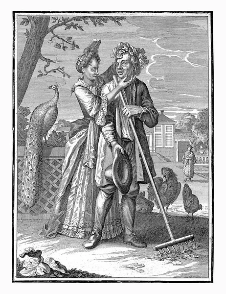 卡斯帕 1698 1702五月 一个人在花园里用耙干活 在他身后 一个女人在他头上压着花环 女人身后是一只孔雀 在后面是一栋豪宅 — 图库照片