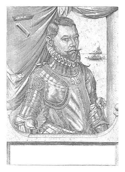 ボス伯爵マクシミリアン ヘニンの肖像 背景には海で船 左上は腕のコート マージンでラテン語で3行のキャプション — ストック写真