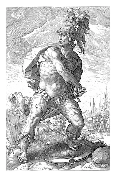 Kahraman Titus Manlius Torquatus Kılıcını Kınından Çıkardı Arka Planda Köprüde — Stok fotoğraf