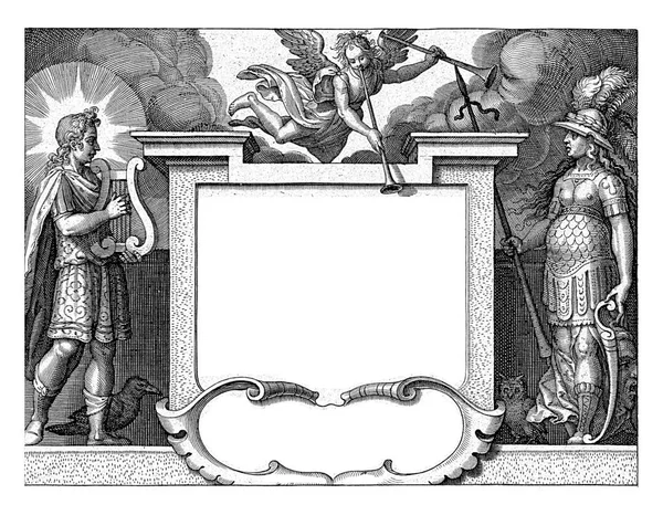 Piedestal Flancat Apollo Minerva Deasupra Zboară Faima Titlul Autorul Cărții — Fotografie, imagine de stoc