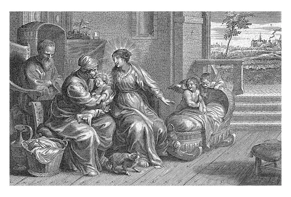 圣家与圣安娜 科内里斯 1670 1735圣家与圣安娜一起坐在客厅里 安娜和玛利亚坐在一条长椅上 安娜抱着基督的孩子 — 图库照片