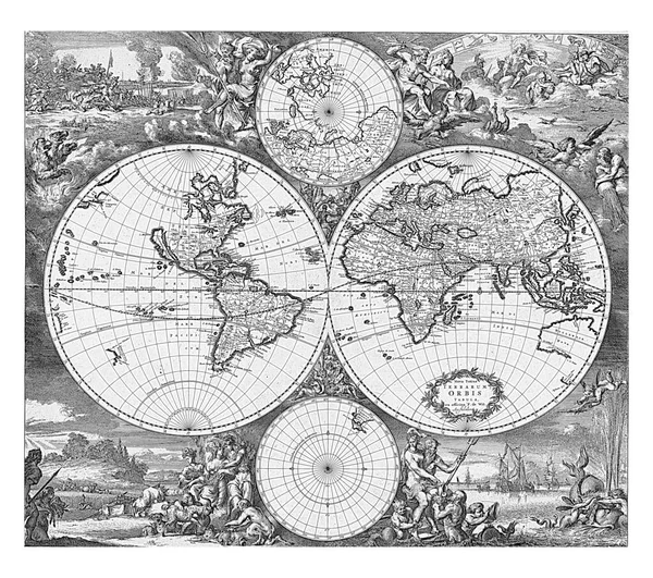 2つの半球での世界地図上の北極と下の南極の地図 4つの要素の隅にある寓意 — ストック写真