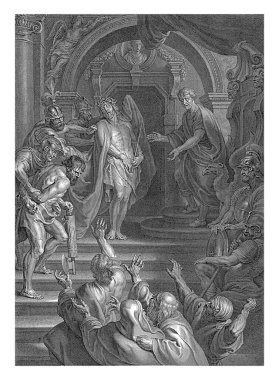 Pontius Pilatus, İsa 'yı Yahudilere adliyenin önünde gösteriyor. Yüce rahipler onun çarmıha gerilmesini sağlamak için ağlıyorlar. Alt boşlukta İncil 'deki John 19 metninden bir parça var..