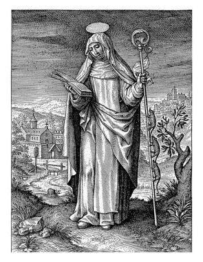 Saint Gertrudes van Nivelles ile manzara, Hieronymus Wierix, 1563 - 1619 'dan önce Saint Gertrudes van Nivelles (Nivelles), başrahibe cübbesi içinde, elinde üç farenin tırmandığı bir asa tutuyordu..