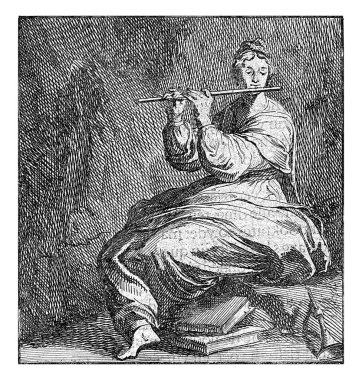 Euterpe, müziğin ve lirizmin ilham perisi, burada yanlışlıkla lirizmin ve aşk şiirinin ilham perisi Erato olarak adlandırılır. Oturan Euterpe flüt çalar ve ayaklarının dibinde bir klarnet ve kitaplar yatar..