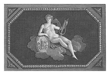 Apollo kafasında defne çelengiyle bulutların üzerinde oturuyordu. Sol elinde bir Lir, sağ kolu yuvarlak bir kalkanın üzerinde, üzerinde Felix Meritis yazıyor.).