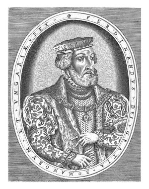 Habsburg Kralı I. Ferdinand 'ın sağındaki yarım boy portresi, latin adı ve unvanı ile oval bir odada..
