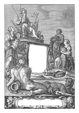 Avrupa, Asya ve Afrika 'nın kişileştirilmesi Roma' ya hediyeler sunuyor, önplanda nehir tanrısı Romulus ve Remus kurt tarafından emziriliyor.