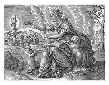 Demir Çağı: Yeni Ahit 'in Zarafet Kanunu, Hieronymus Wierix, Maerten de Vos' tan sonra, Willem van Haecht 'ten sonra, 1563-1580 İlahi Lütuf' un kadın kişiliği diz çökmüş çıplak bir çocuğu taçlandırıyor..