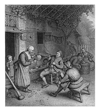 Bir hanın önündeki terasta çiftçiler, Jonas Suyderhoef, Adriaen van Ostade 'den sonra, 1710 - 1746 İki çiftçi bir hanın önünde oturuyor, her biri bir boru tutuyor..