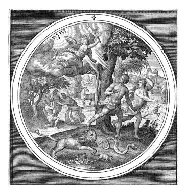 Cennetten kovulan Nicolaes de Bruyn, Maerten de Vos 'tan sonra, 1581 - 1656 Adem ve Havva, yanan kılıçlı bir melek tarafından cennetten kovuldu..