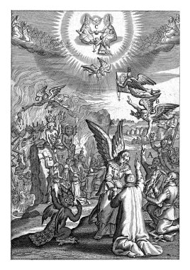 Bir melek diz çökmüş bir adama Tanrı 'yı memnun etmek için dindar bir adam olarak iyi işler yaptığını gösterir. Şeytan onu durdurmaya çalışıyor..