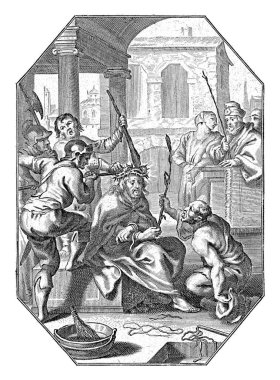 Dikenli taç giyen Cornelis Galle (I), 1586 - 1650 Bir grup asker İsa 'yı dikenli taç ile taçlandırıyor. Askerlerden biri tacı kafasına sopayla bağlıyor..