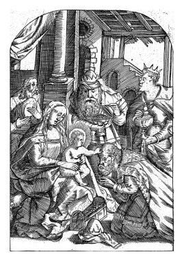 Yüksek bir ahırın yıkıntılarında, Mary kucağında İsa 'nın çocuğuyla oturur. Joseph onun arkasında. Sağda, üç bilge adam yetenekleriyle, en önde gelenler diz çöküyor..