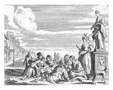 Zarif bir şirket bahçede bir patikada birlikte oturur. Sağda, Amor 'la birlikte Venüs' ün heykeli. Bir köpek heykele bakıyor..