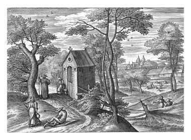 Yaz manzaralı yaz manzarası. Temmuz ayı ya biçme ayıdır ya da saman ayı. Ön planda, çiftçiler dinleniyor ve tırpanlarını keskinleştiriyorlar. Arka planda çim biçme ve çim biçme.