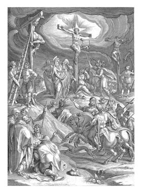 Çarmıha gerilen iki hırsız arasındaki çarmıha gerilmiş İsa. Mary Magdalene çarmıhın dibinde oturur, Mary çarmıhın yanında durur ve John arkasını döner..