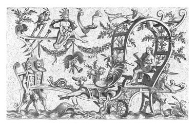 Triumphal chariot on which a woman with a lute, anonymous, after Cornelis Bos, 1550. The chariot is propelled by three satyrs with saucer-shaped chins. clipart