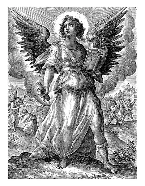 大天使乌利尔站在那里 左手拿着一本书 右手拿着一张卷起来的纸 在左边的背景里 乌里埃尔训斥了祭司以斯拉 — 图库照片