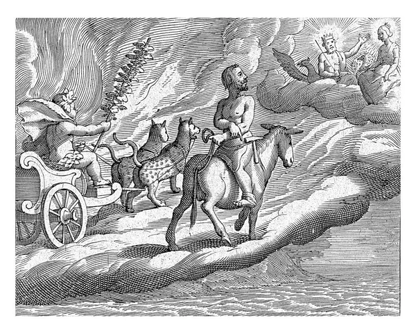 ヒョウ柄の戦車のバッカスはヴァルカンに同行し ウルカンはロバの上でジュノーと木星が彼を歓迎するオリンパス山に戻る — ストック写真