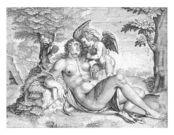 Venus Slaapt Onder Een Boom Cupido Steekt Haar Linkerborst Met — Stockfoto