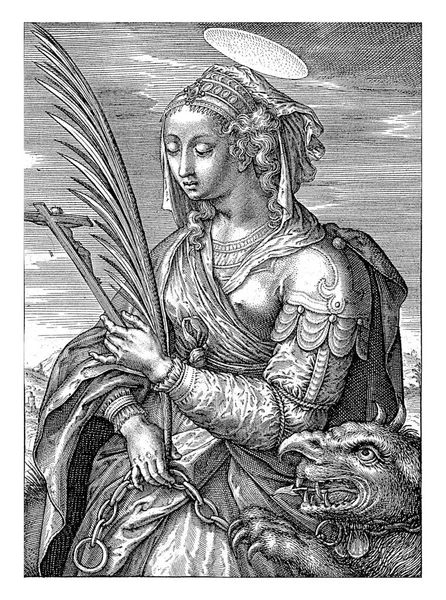 忏悔的玛丽 玛格达琳 Mary Magdalene Hieronymus Wierix 1563年 1619年之前忏悔的玛丽 玛格达琳在洞穴的十字架前祈祷 给她一个鞭子 — 图库照片