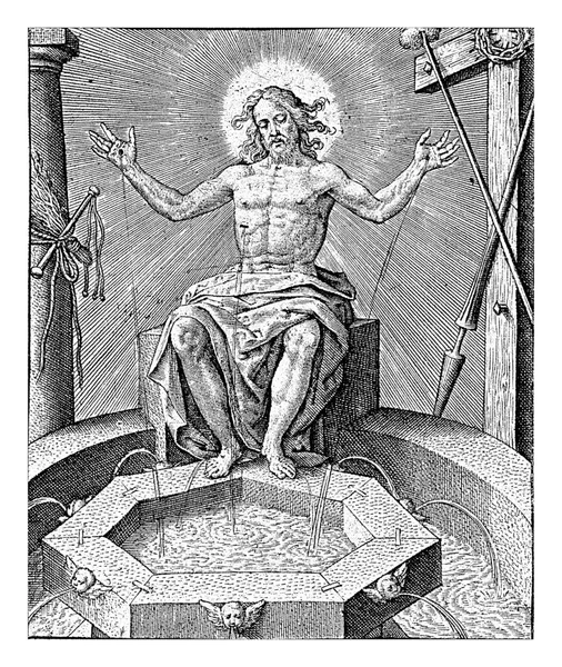基督是生命之泉 Hieronymus Wierix 1563 1619基督坐在水盆的边缘 在激情工具的中间 血从他被钉在十字架上的伤口流进喷泉 — 图库照片