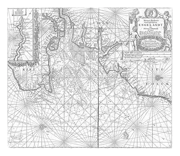 有泰晤士河口的英格兰东海岸部分地区护照地图和有三支罗盘玫瑰的泰晤士河到伦敦的镶嵌地图 — 图库照片
