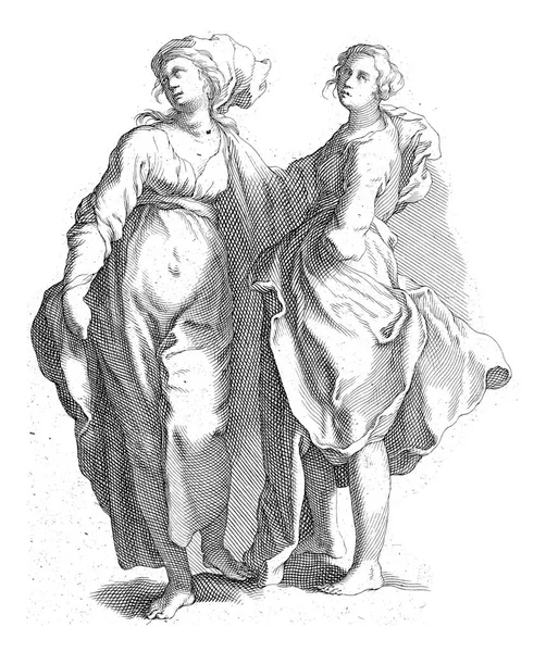 Two Women Front View Loose Clothes Copy Representation Drawing Book — Stock Photo, Image