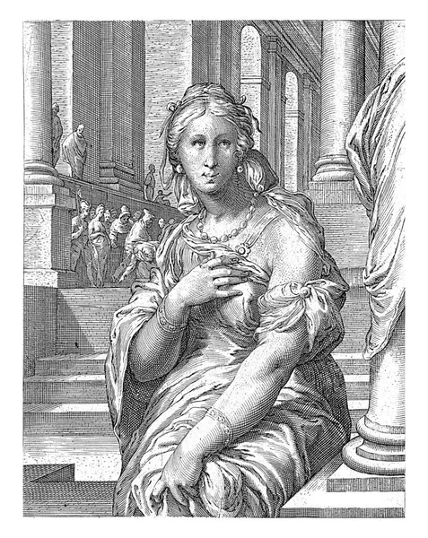 Mulher Apanhada Adultério Frente Templo Fundo Fariseus Que Trazem Uma — Fotografia de Stock