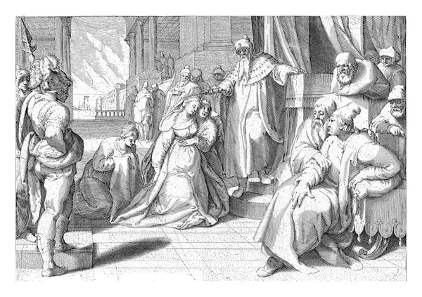 Esther kneels before King Ahasuerus. An elderly woman supports her. The king lowers his scepter to her head as a sign of affection.