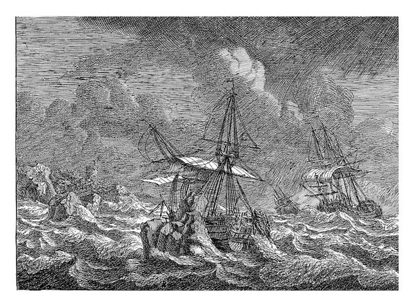 Τρία Ιστιοφόρα Πλοία Μια Καταιγίδα Στα Ανοικτά Μιας Βραχώδους Ακτής — Φωτογραφία Αρχείου
