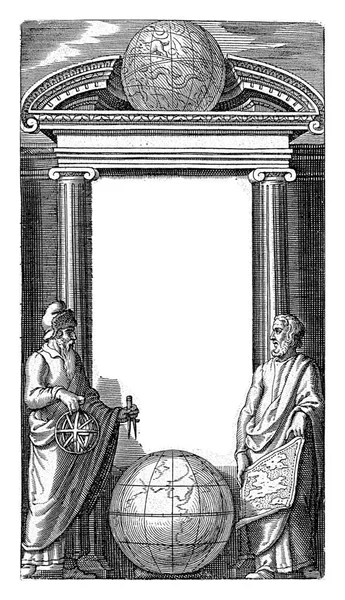 两名学者站在一座装饰有地球仪的纪念碑前 在他们脚下躺着第二个地球 右边的人手里拿着地图 左边的人手里拿着天球和罗盘 — 图库照片