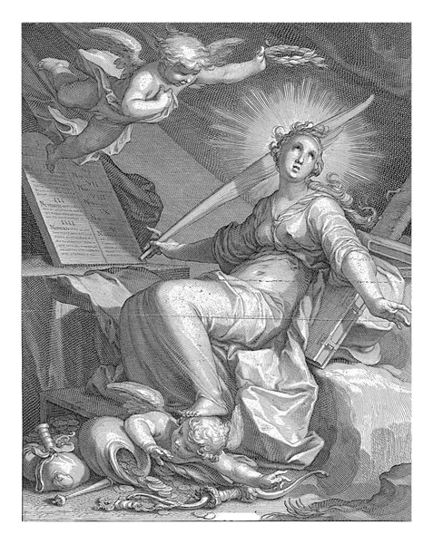 Женщина Олицетворение Благочестия Сидит Двумя Каменными Скрижалями Десятью Заповедями Вокруг — стоковое фото