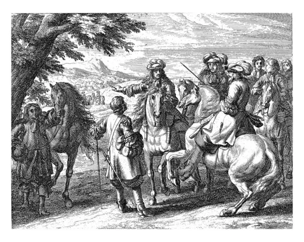 Een Overleg Tussen Drie Mannen Paard Één Man Grond Voorgrond — Stockfoto