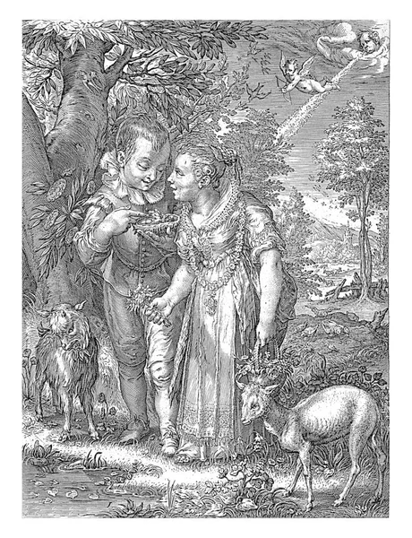 一个男孩和一个女孩在一个景观 男孩手里拿着花篮 给女孩看鸟巢 在右上角 丘比特的箭指向他们 — 图库照片