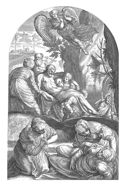 Krisztus Testét Sírba Viszik Előtérben Három Gyászol Háttérben Golgota Három — Stock Fotó