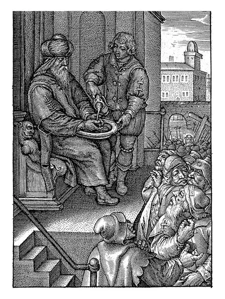 彼拉多纯真地洗手 1563年 1619年以前彼拉多纯真地洗手 在人群面前 他用一碗水洗手 — 图库照片