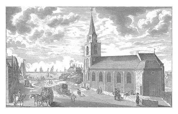 Arka Planda Kuzey Denizi Olan Scheveningen Deki Oude Kerk Manzarası — Stok fotoğraf