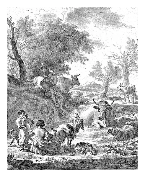 ニコラスPieterszの後 飲酒少年とバグパイプ ヴィシャーと風景 バーケム 1643年 1692年丘陵地帯で羊飼い 羊飼い 少年が牛の間で休んでいます — ストック写真