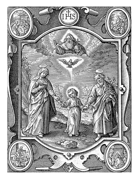 地上和天上的三位一体 Hieronymus Wierix 1563年 1619年以前 与基督儿童一起在圣母玛利亚和约瑟中间 圣灵在儿童之上 以聋子和神的形式出现 — 图库照片
